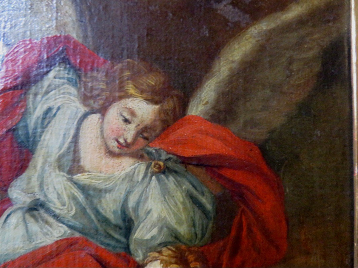 Ancien Tableau Huile Sur Toile Fin XVIIIe - XIXe L Archange  Raphael montrant la voie religieux-photo-3