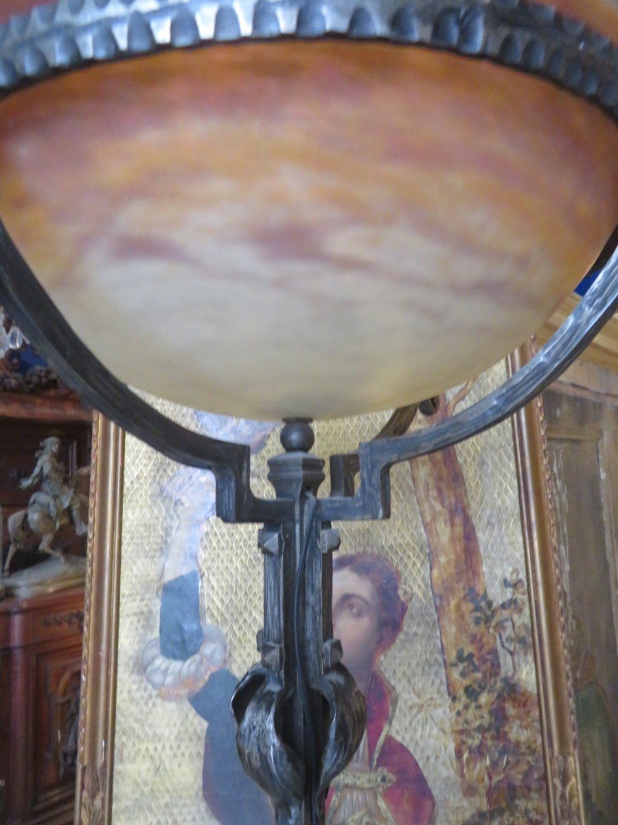 Wrought Iron Floor Lamp Art Nouveau Style Decor Of Tit And Flowers Glass Paste Basin-photo-1