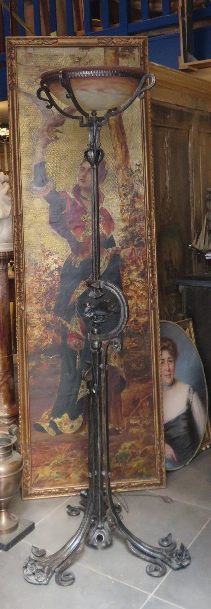 Wrought Iron Floor Lamp Art Nouveau Style Decor Of Tit And Flowers Glass Paste Basin