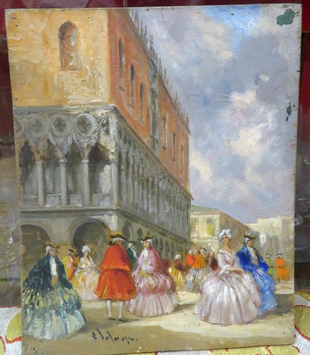 Oil Painting On Panel Venice Palazzo Ducale Nineteenth Carnival Lively With Baroque Costumes-photo-2