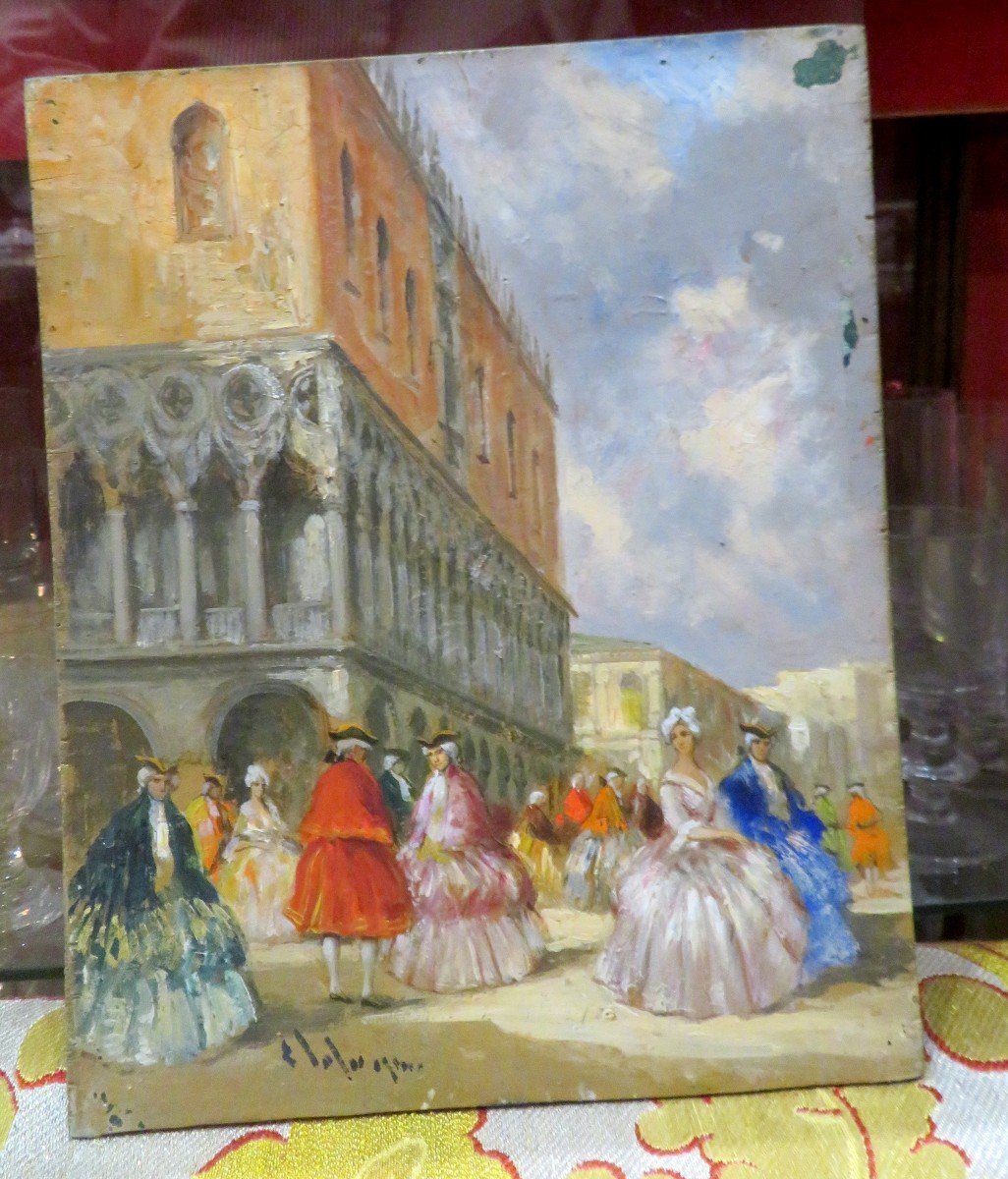 Oil Painting On Panel Venice Palazzo Ducale Nineteenth Carnival Lively With Baroque Costumes-photo-3