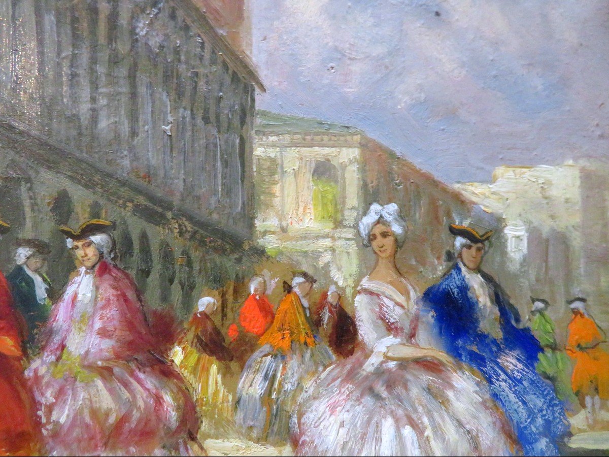 Oil Painting On Panel Venice Palazzo Ducale Nineteenth Carnival Lively With Baroque Costumes-photo-1