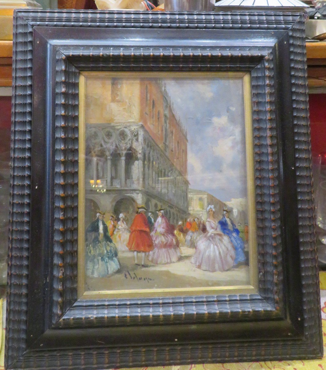 Oil Painting On Panel Venice Palazzo Ducale Nineteenth Carnival Lively With Baroque Costumes