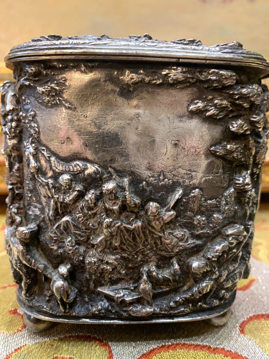 Ancien Coffret XIXe Bronze Argenté angelots Décor De Scène Erotiques Et Chasse Boîte à Bijoux -photo-5