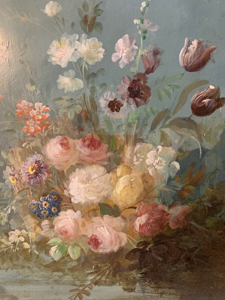 Painting Oil On Wood Lyonnaise School 19th Century Still Life Bouquet Of Flowers-photo-2