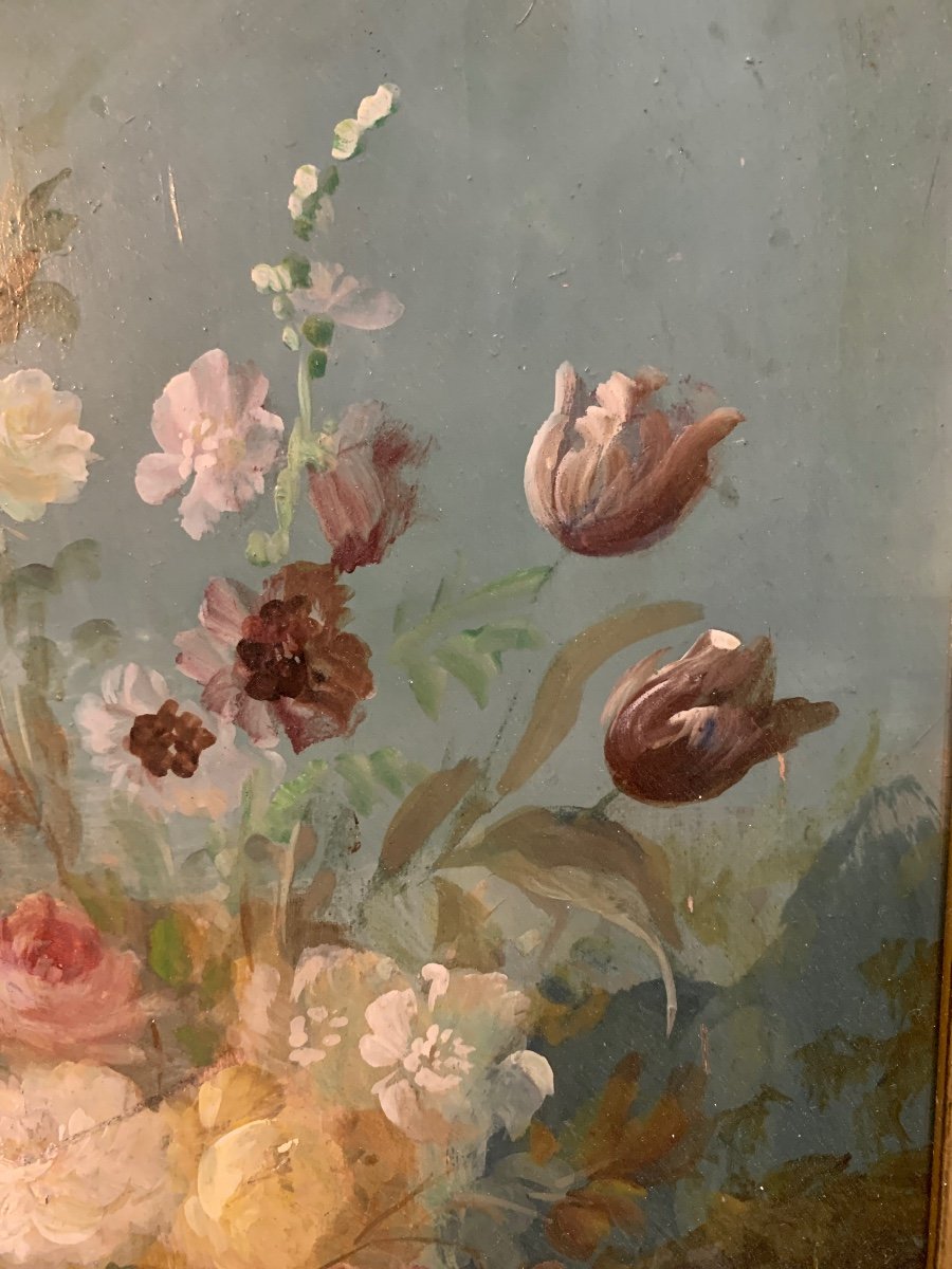 Painting Oil On Wood Lyonnaise School 19th Century Still Life Bouquet Of Flowers-photo-3