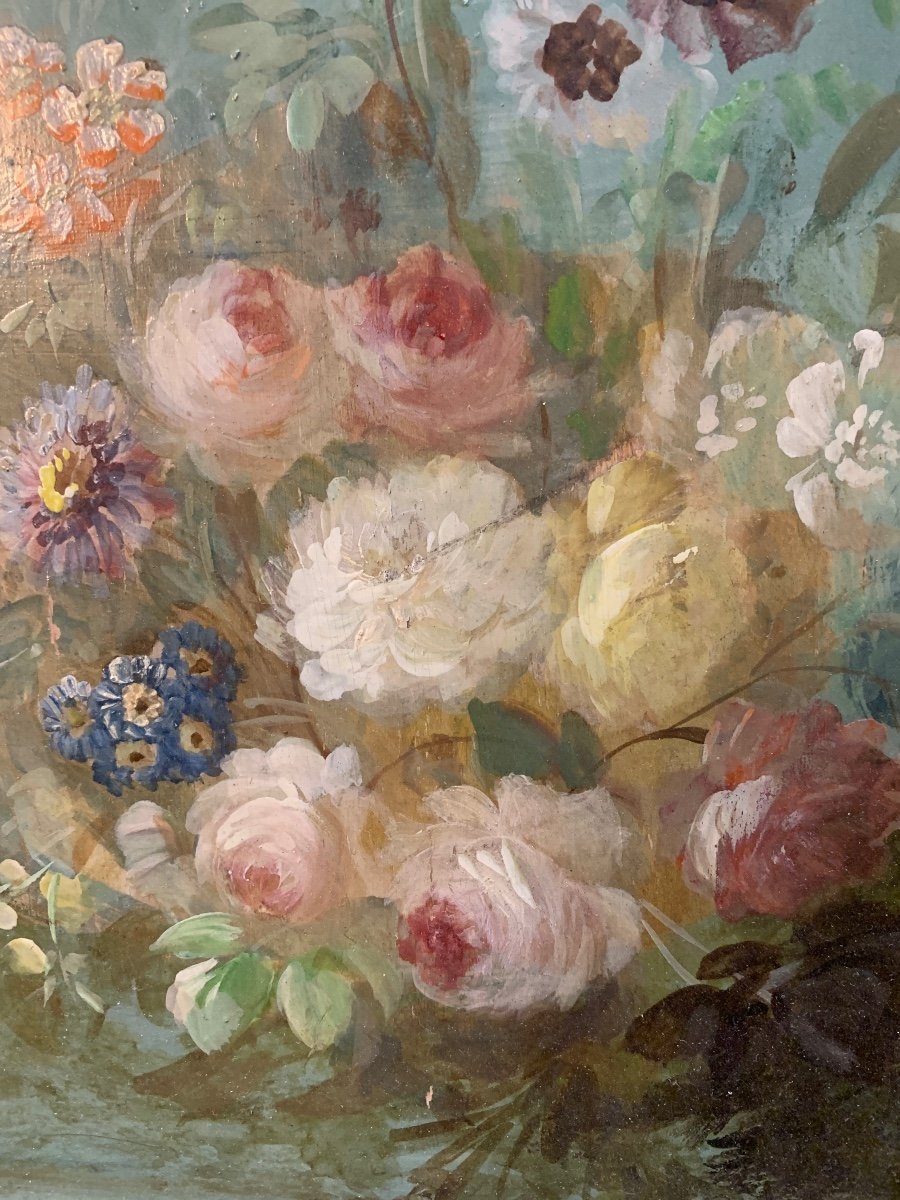 Tableau Huile Sur Bois école Lyonnaise XIXe Nature Morte Bouquet De Fleurs -photo-4