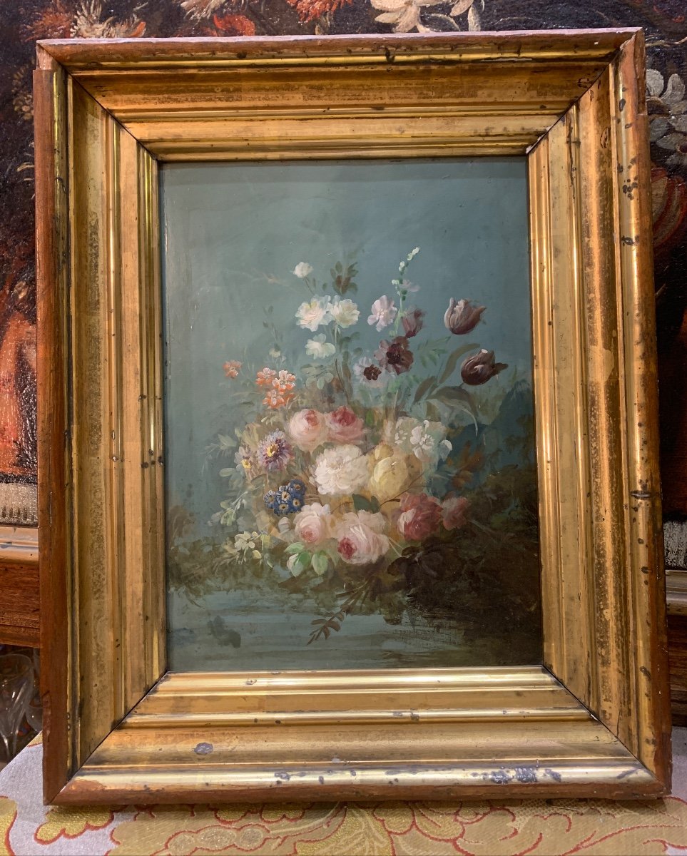 Painting Oil On Wood Lyonnaise School 19th Century Still Life Bouquet Of Flowers