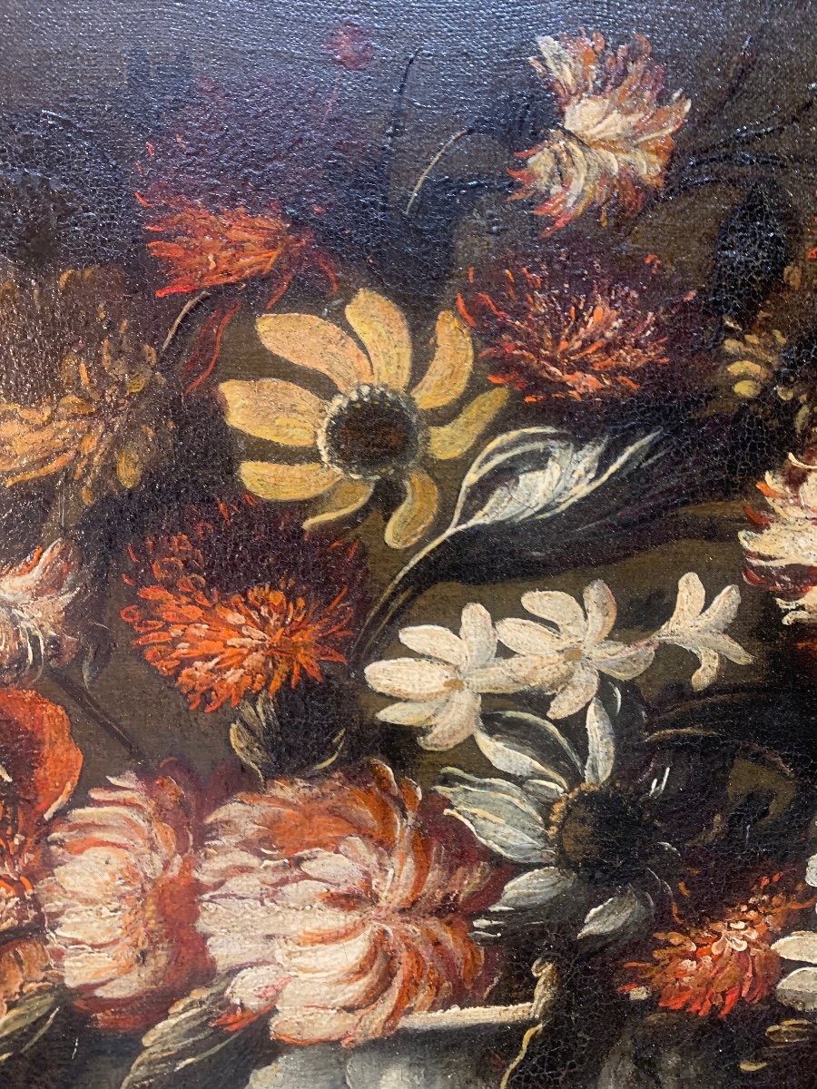 Ancien Grand Tableau Huile Sur Toile Nature Morte Entablement Floral XVIIe Restauré-photo-2