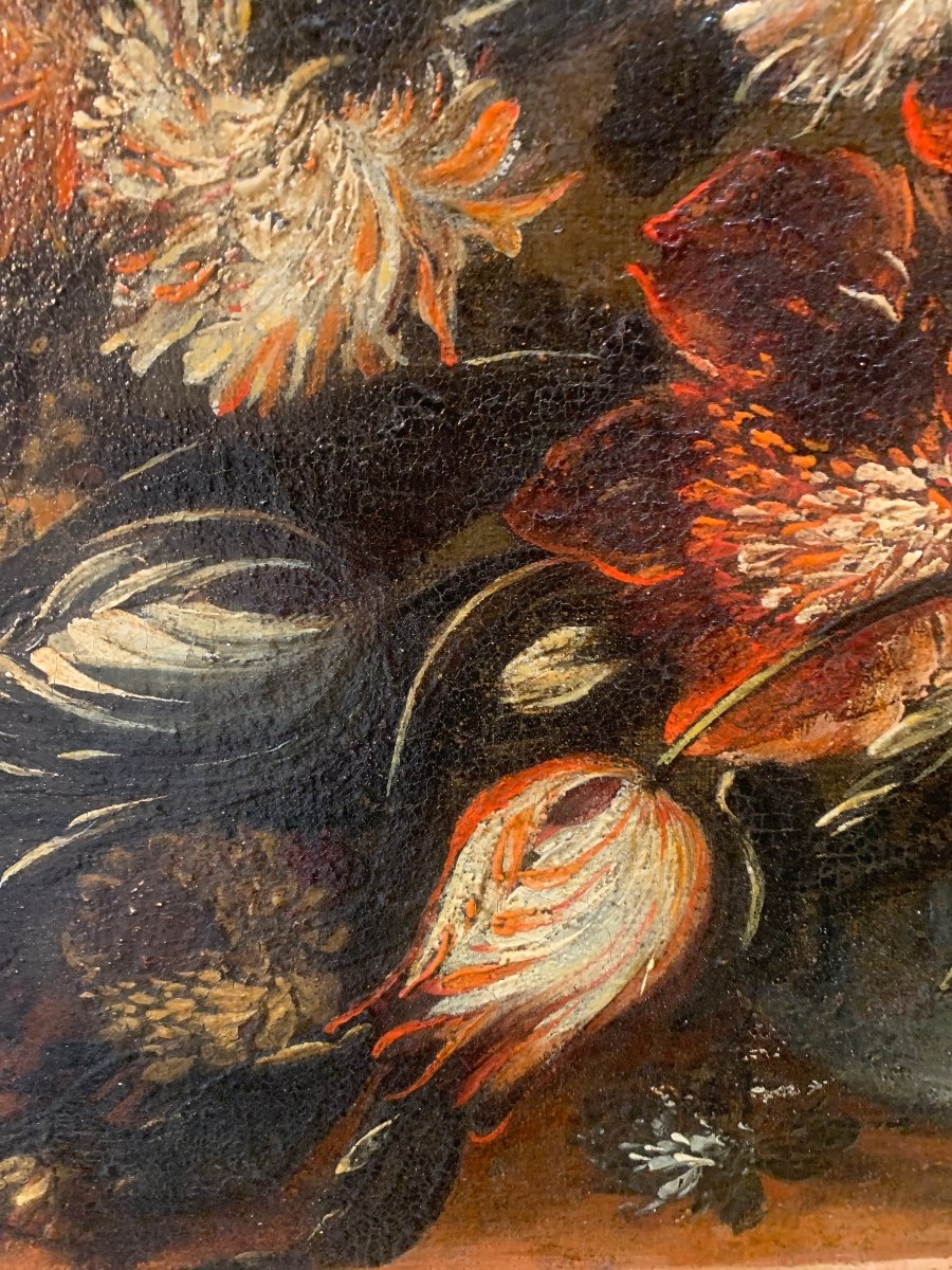 Ancien Grand Tableau Huile Sur Toile Nature Morte Entablement Floral XVIIe Restauré-photo-4