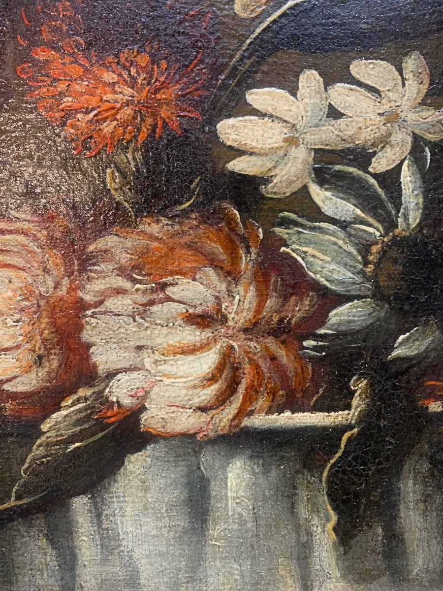 Ancien Grand Tableau Huile Sur Toile Nature Morte Entablement Floral XVIIe Restauré-photo-1