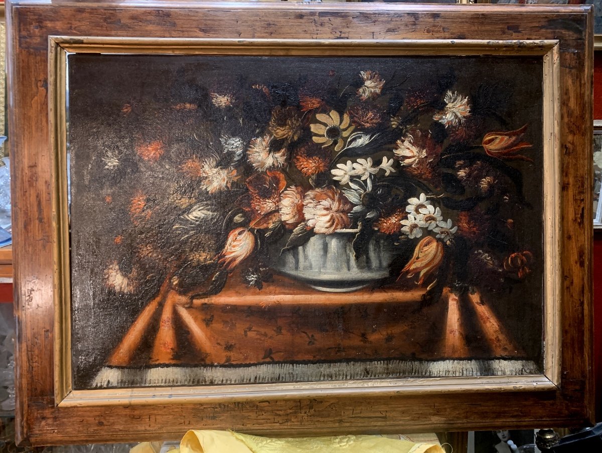 Ancien Grand Tableau Huile Sur Toile Nature Morte Entablement Floral XVIIe Restauré