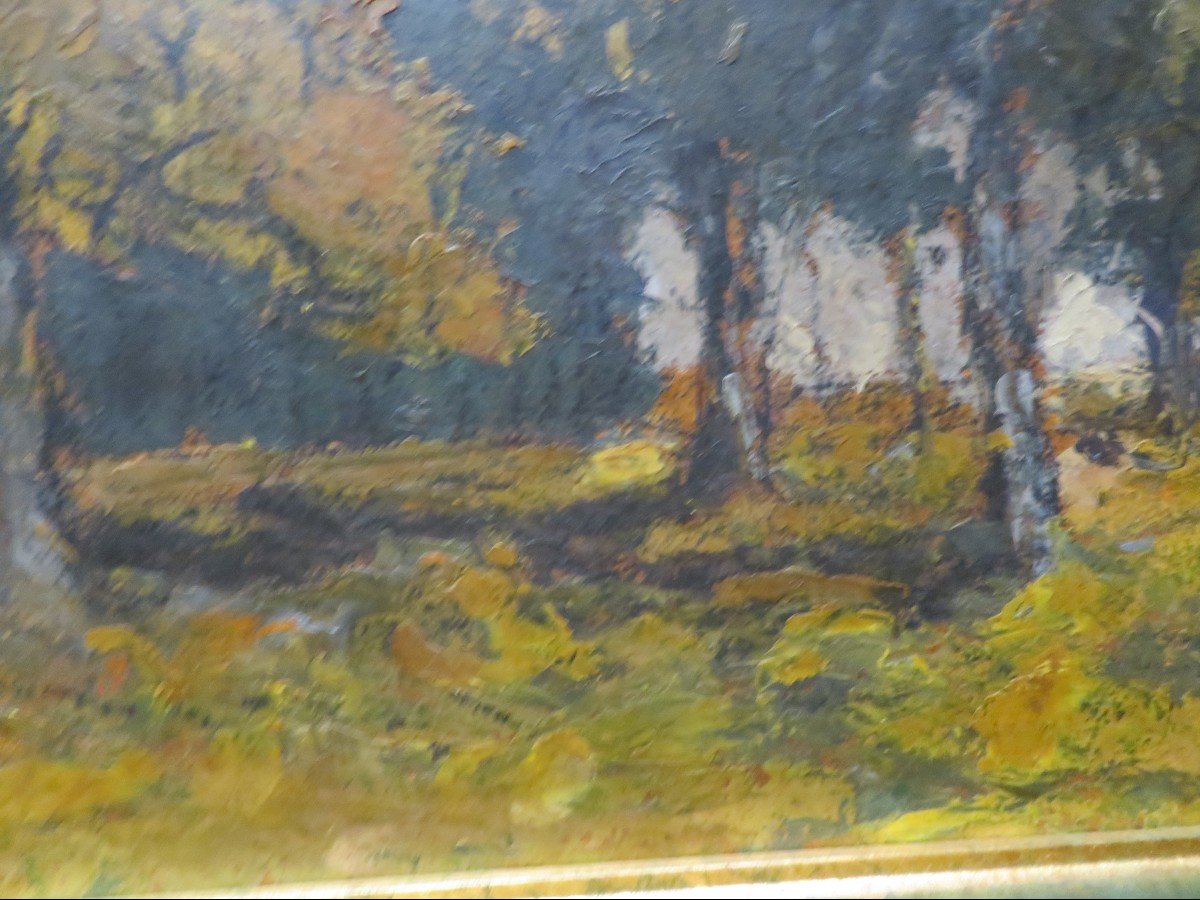 Grand Tableau Par Eugène Brouillard Sous Bois Huile Et Crayon Sur Carton école Lyonnaise-photo-2