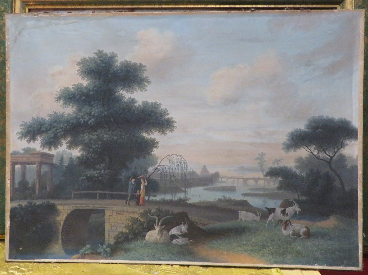 grande Gouache Sur Papier Fin XVIIIe Debut XIXe Scene Galante  Pastorale Paysage Francais