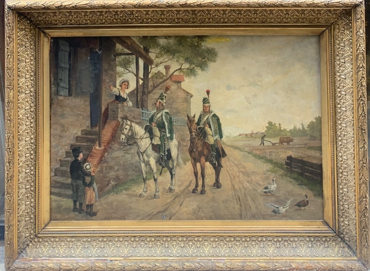 Large Oil On Canvas Military Painting Late 19th Century Horse Hunters Empire By Groulier.