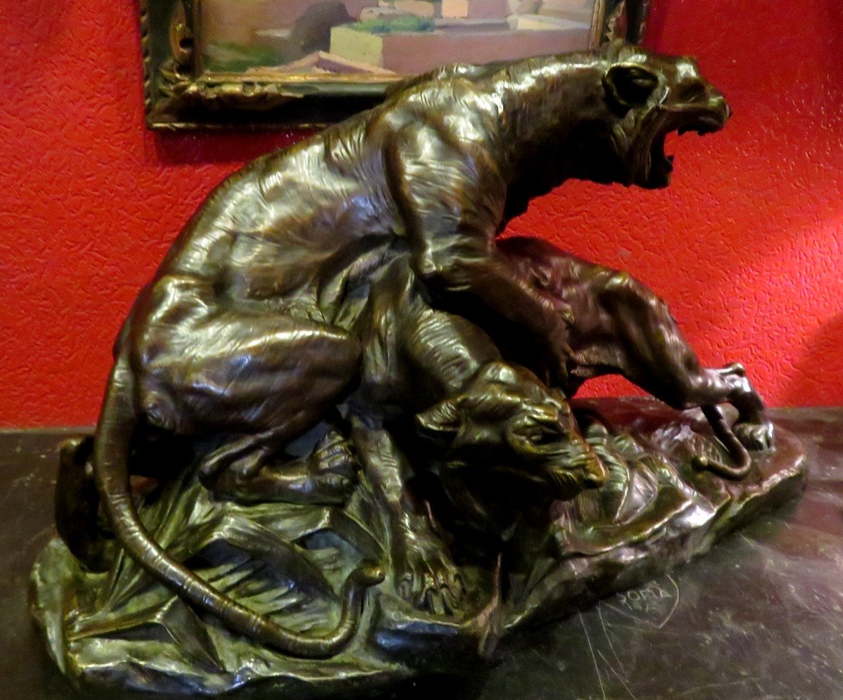 Ancien Grand Bronze Animalier Panthères  Ou Lionnes Rugissantes Par E Drouot  XIXe-photo-4