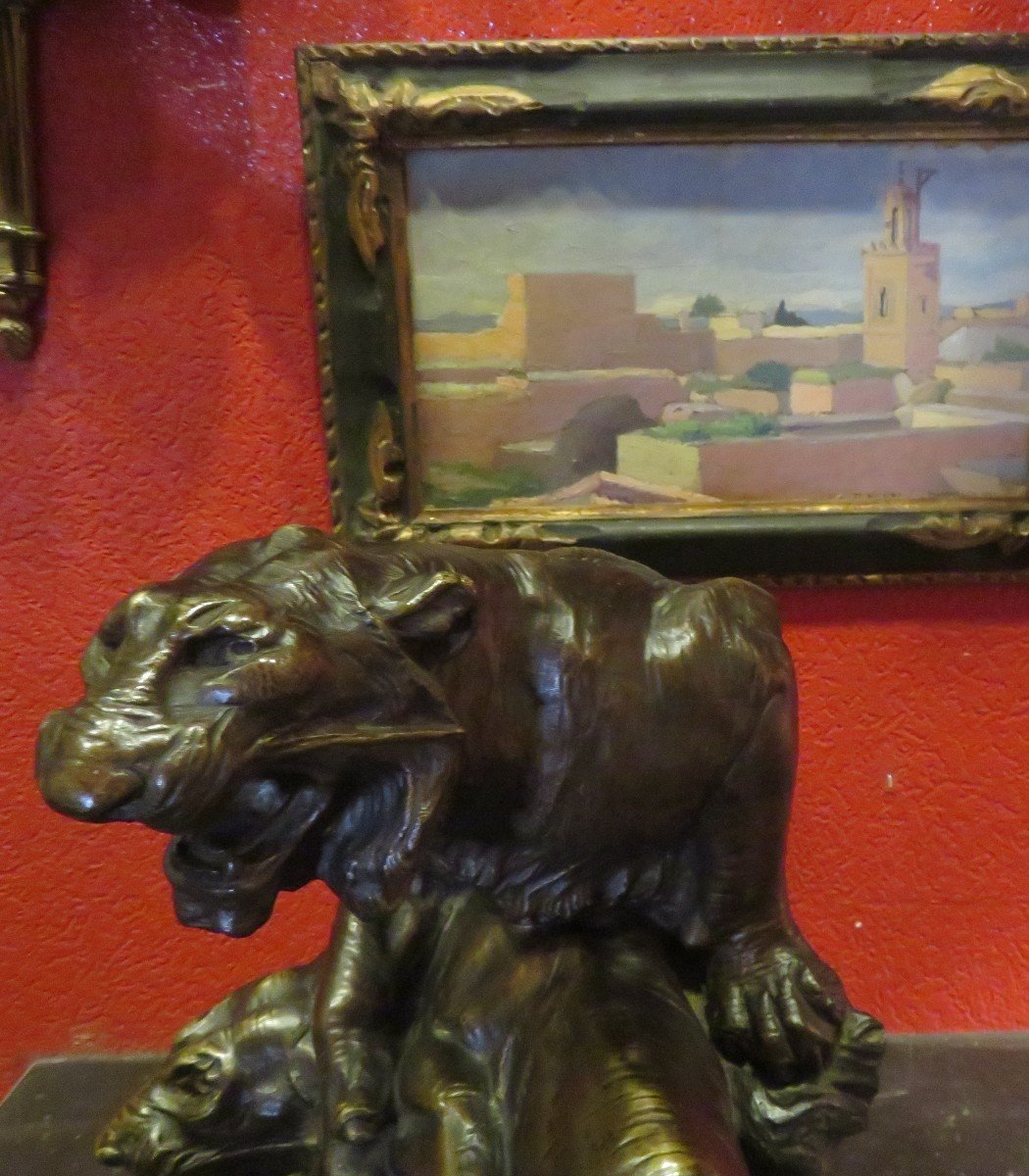 Ancien Grand Bronze Animalier Panthères  Ou Lionnes Rugissantes Par E Drouot  XIXe-photo-3