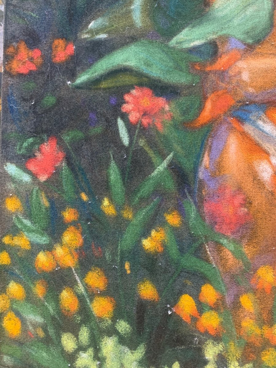 Ancien Tableau pastel degraissé Nu Féminin  à La Tahitienne Années 60 Par Le Tord  -photo-1