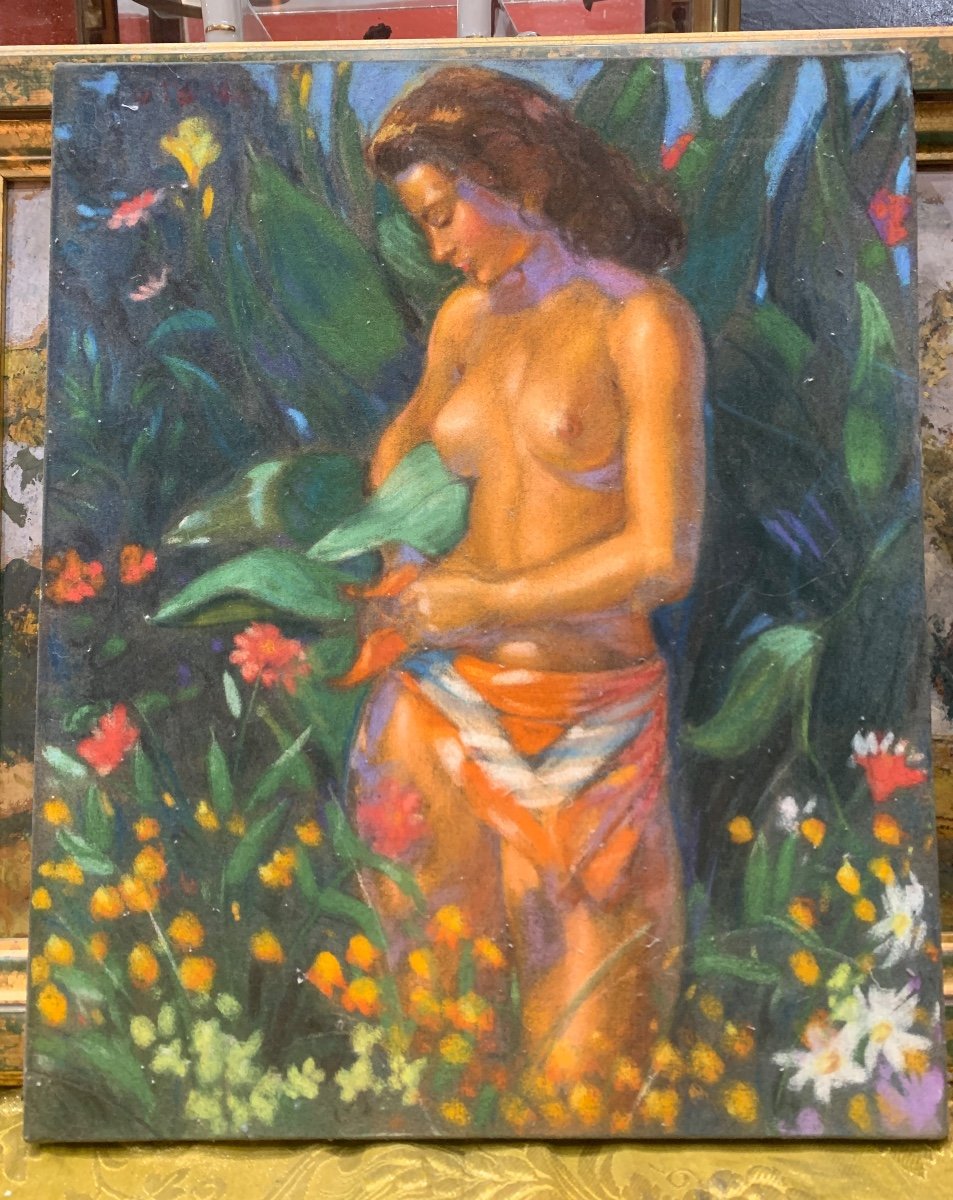 Ancien Tableau pastel degraissé Nu Féminin  à La Tahitienne Années 60 Par Le Tord  
