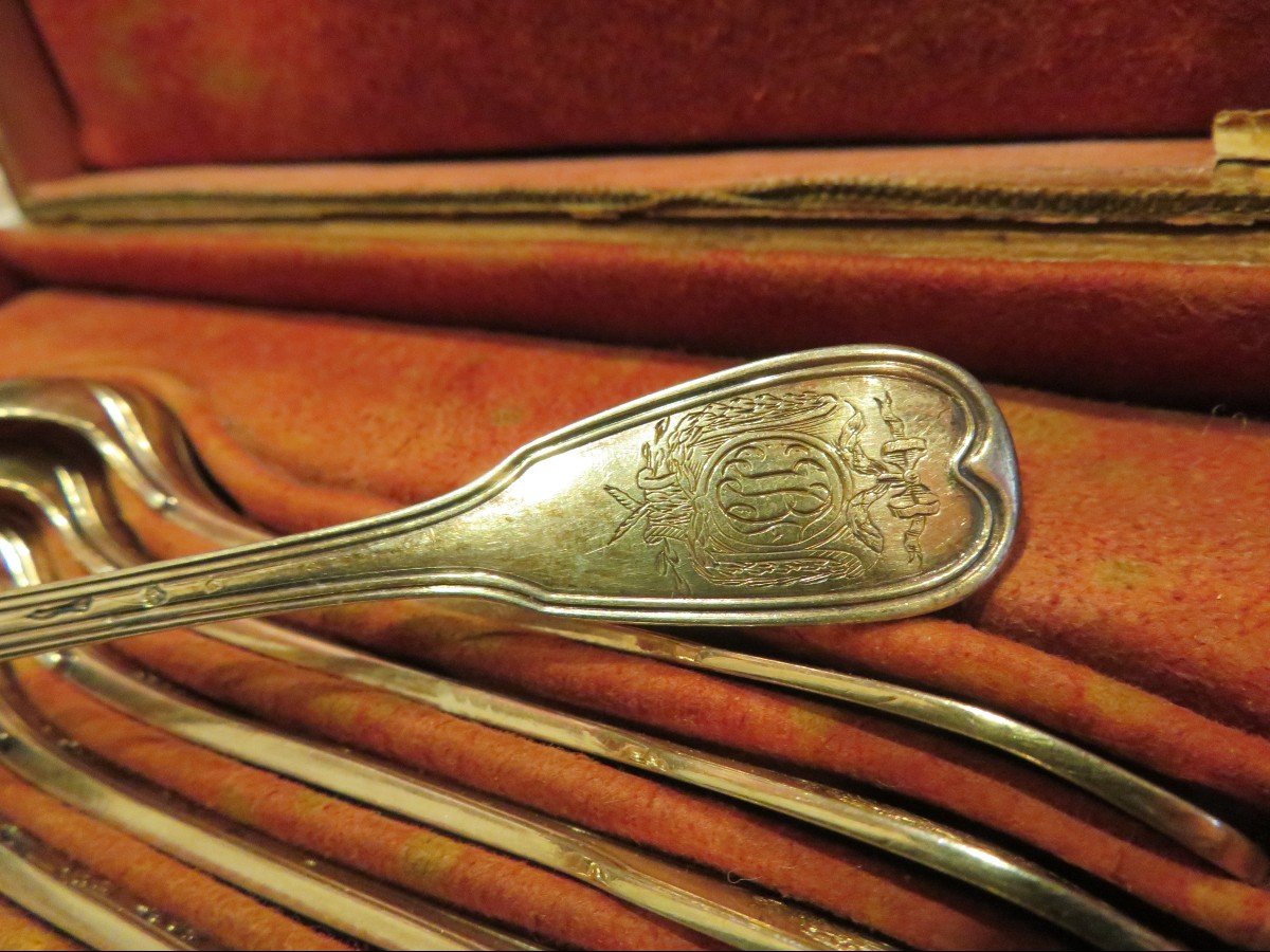 12 Spoons In Vermeil Period 18th Century Hallmarked In Their Original Red Morocco Box -photo-4