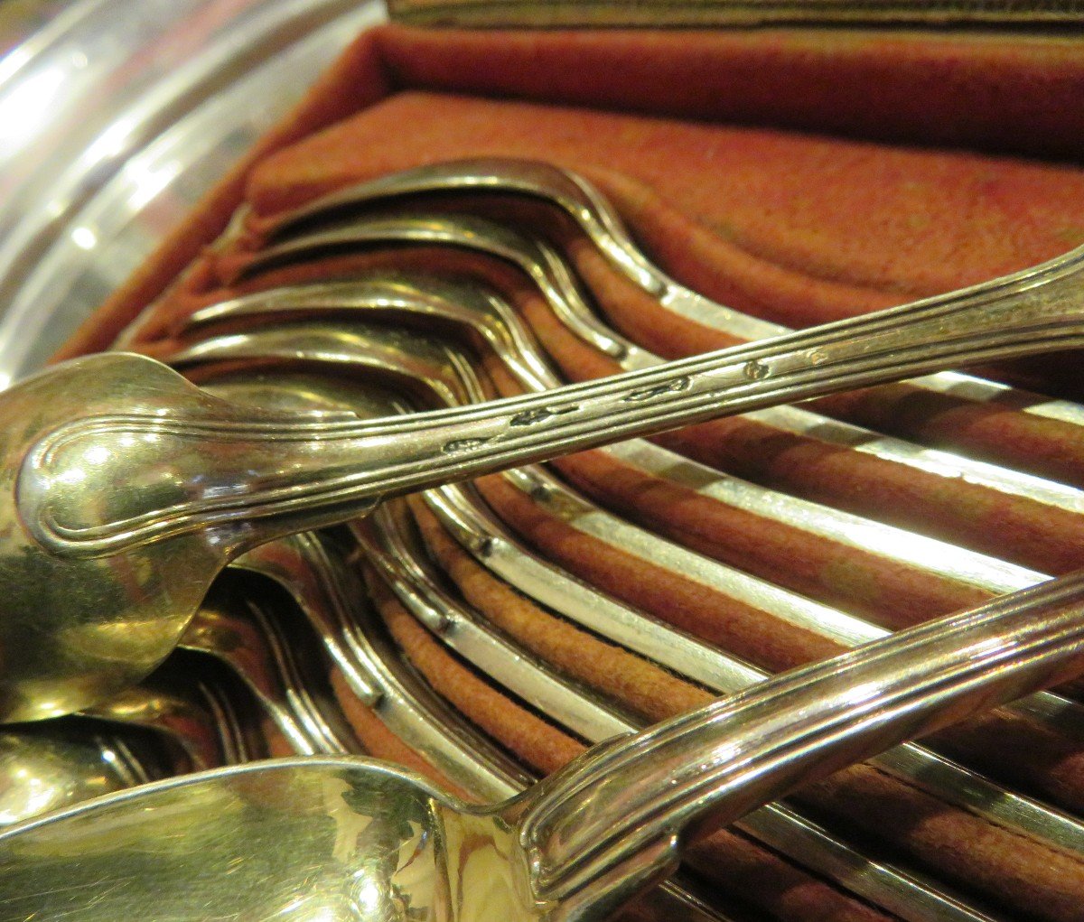 12 Spoons In Vermeil Period 18th Century Hallmarked In Their Original Red Morocco Box -photo-3