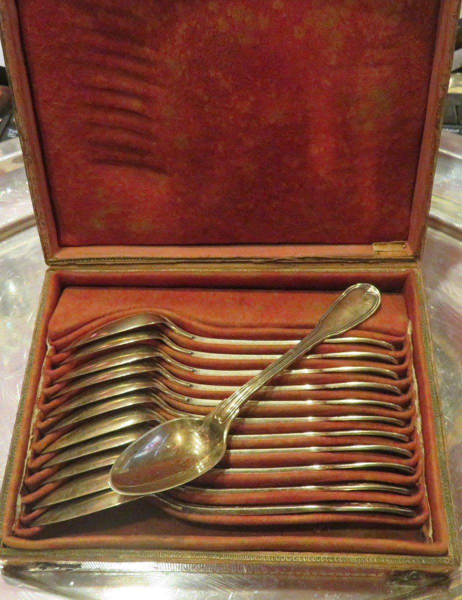 12 Spoons In Vermeil Period 18th Century Hallmarked In Their Original Red Morocco Box 