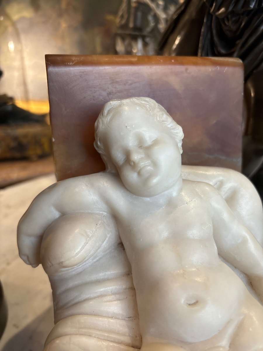 Marble And Alabaster Sculpture 19th Century Sleeping Child Dreaming Putto Angelot -photo-2