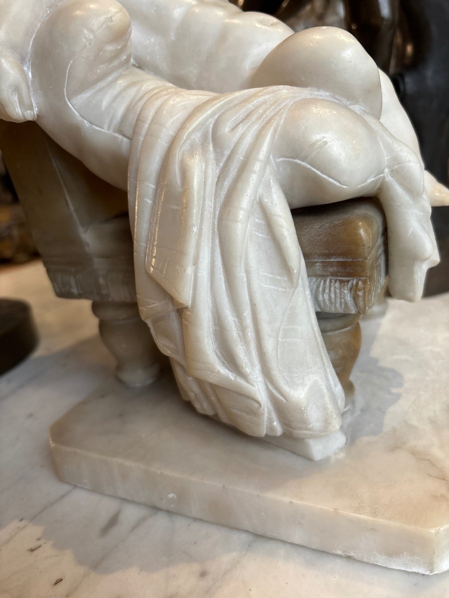 Marble And Alabaster Sculpture 19th Century Sleeping Child Dreaming Putto Angelot -photo-3