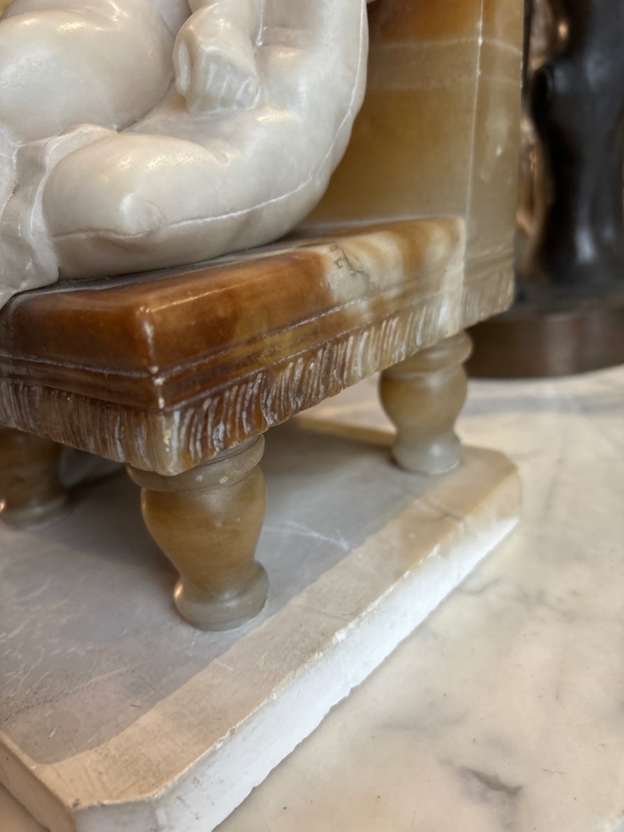 Marble And Alabaster Sculpture 19th Century Sleeping Child Dreaming Putto Angelot -photo-4