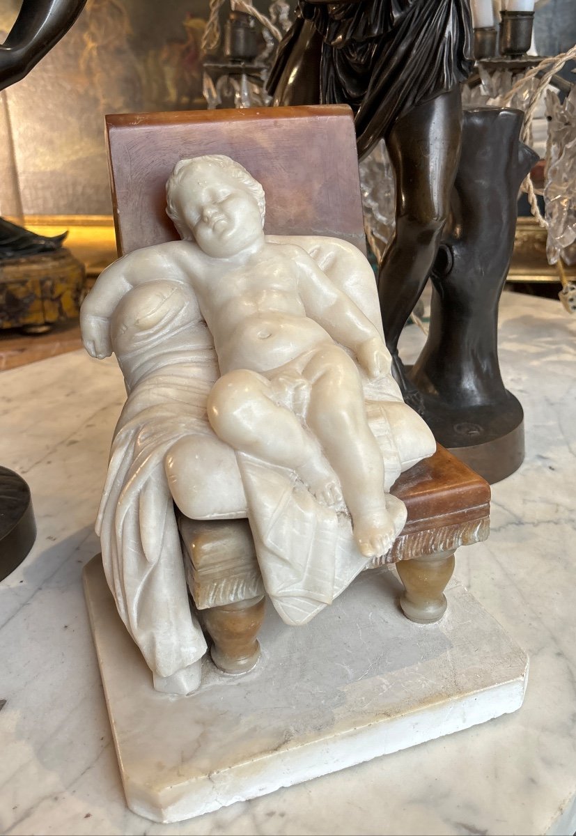 Marble And Alabaster Sculpture 19th Century Sleeping Child Dreaming Putto Angelot 