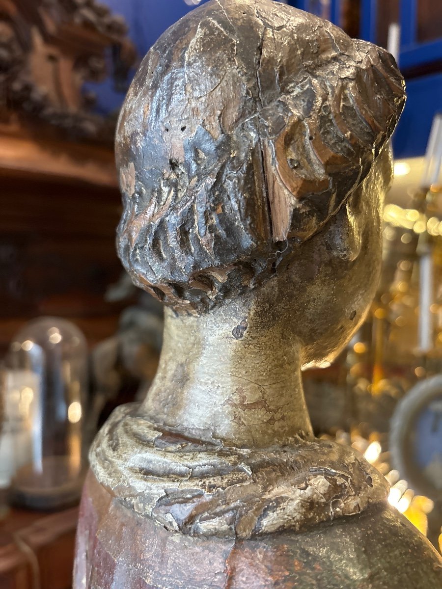 17th Century Religious Statue Evangelist Monk In Gilded And Patinated Wood -photo-3
