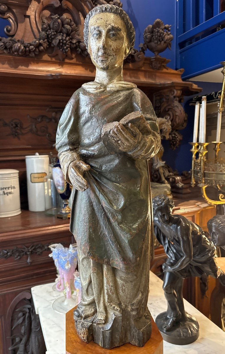 17th Century Religious Statue Evangelist Monk In Gilded And Patinated Wood 
