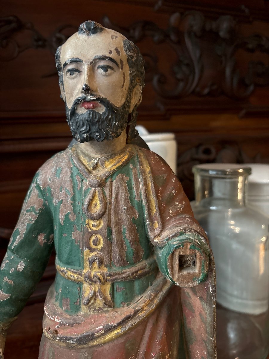 Statue Religieuse En Bois Polychrome XVIIIe Pelerin Travail Hispanique -photo-2