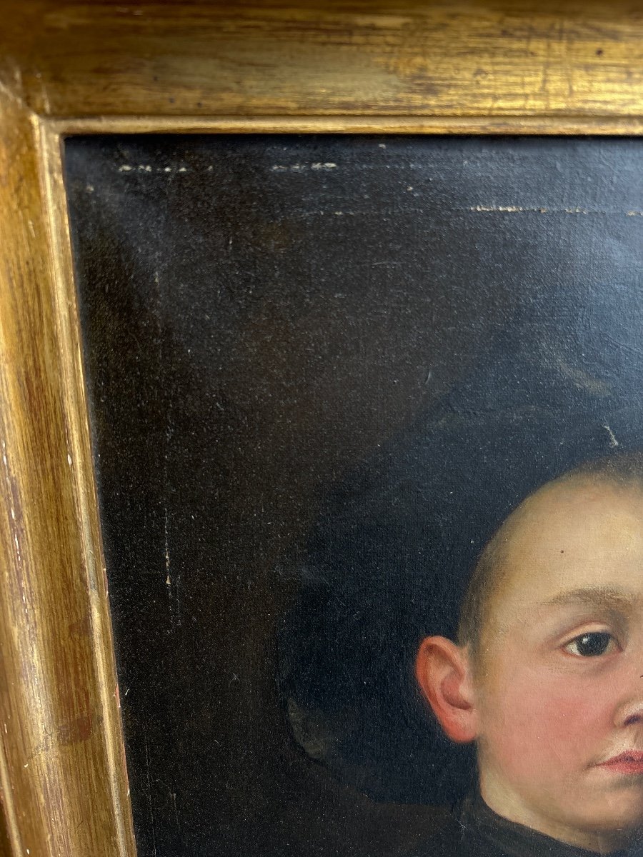 Ancien Tableau XIXe Portrait D Enfant Encadré école Hollandaise Huile Sur Toile -photo-2