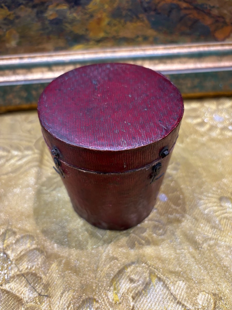 Rare Boîte étui De Timbale En Argent XVIIIe Bois Et Maroquin Rouge-photo-3