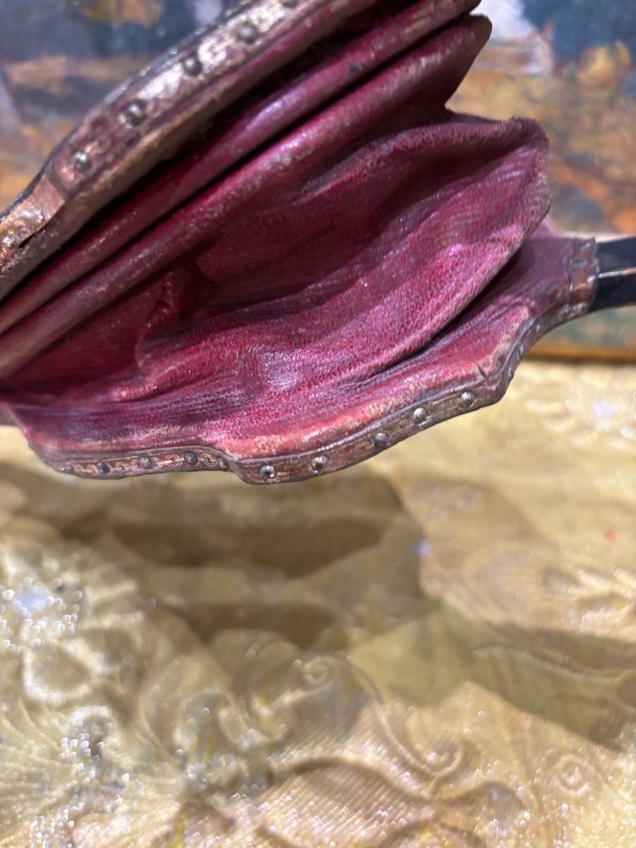 18th Century Bellows In Wood And Chinese Lacquer Red Moroccan Leather Fireplace -photo-3