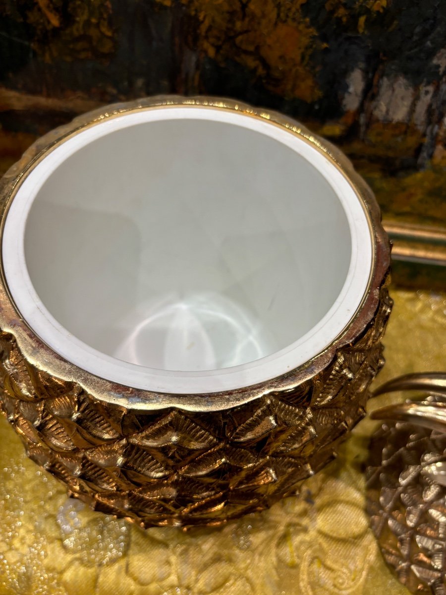 60s Gold Metal Ice Cube Bucket In Pineapple By Mauro Manetti Italy Firenze M/m-photo-1