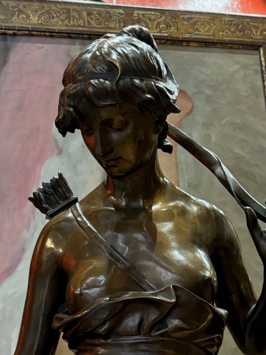 19th Century Aizelin Eugène Large Bronze Sculpture The Nymph Of Diana And Barbedienne Greyhound -photo-2