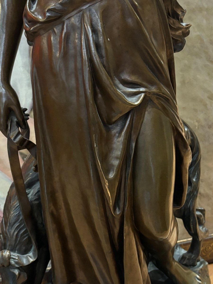 19th Century Aizelin Eugène Large Bronze Sculpture The Nymph Of Diana And Barbedienne Greyhound -photo-4