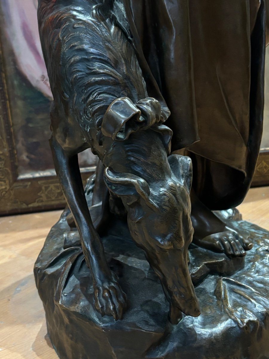 19th Century Aizelin Eugène Large Bronze Sculpture The Nymph Of Diana And Barbedienne Greyhound -photo-4