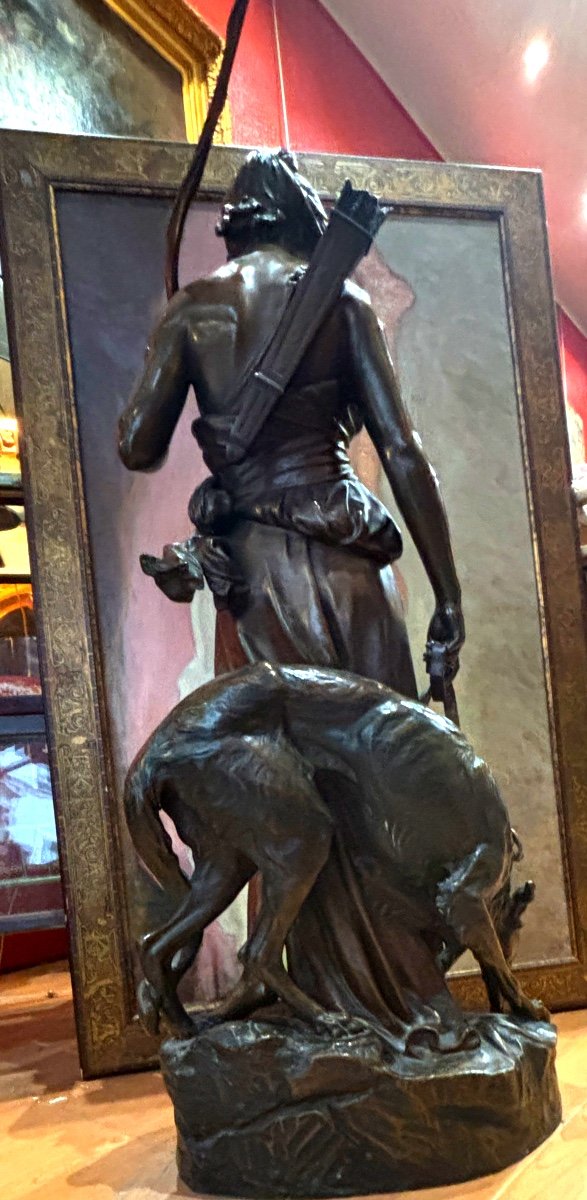 19th Century Aizelin Eugène Large Bronze Sculpture The Nymph Of Diana And Barbedienne Greyhound -photo-8