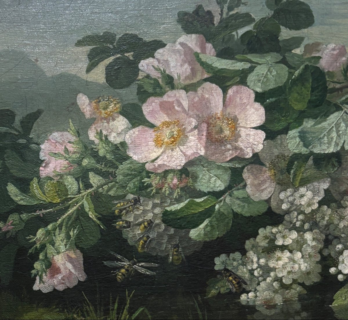 Tableau Huile Sur Toile Par Perrachon Nature Morte Abeille Butineuse Fin XIXe école Lyonnaise -photo-2
