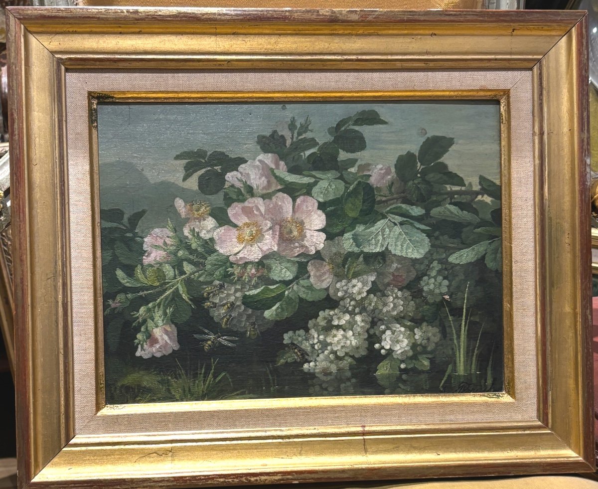 Tableau Huile Sur Toile Par Perrachon Nature Morte Abeille Butineuse Fin XIXe école Lyonnaise 