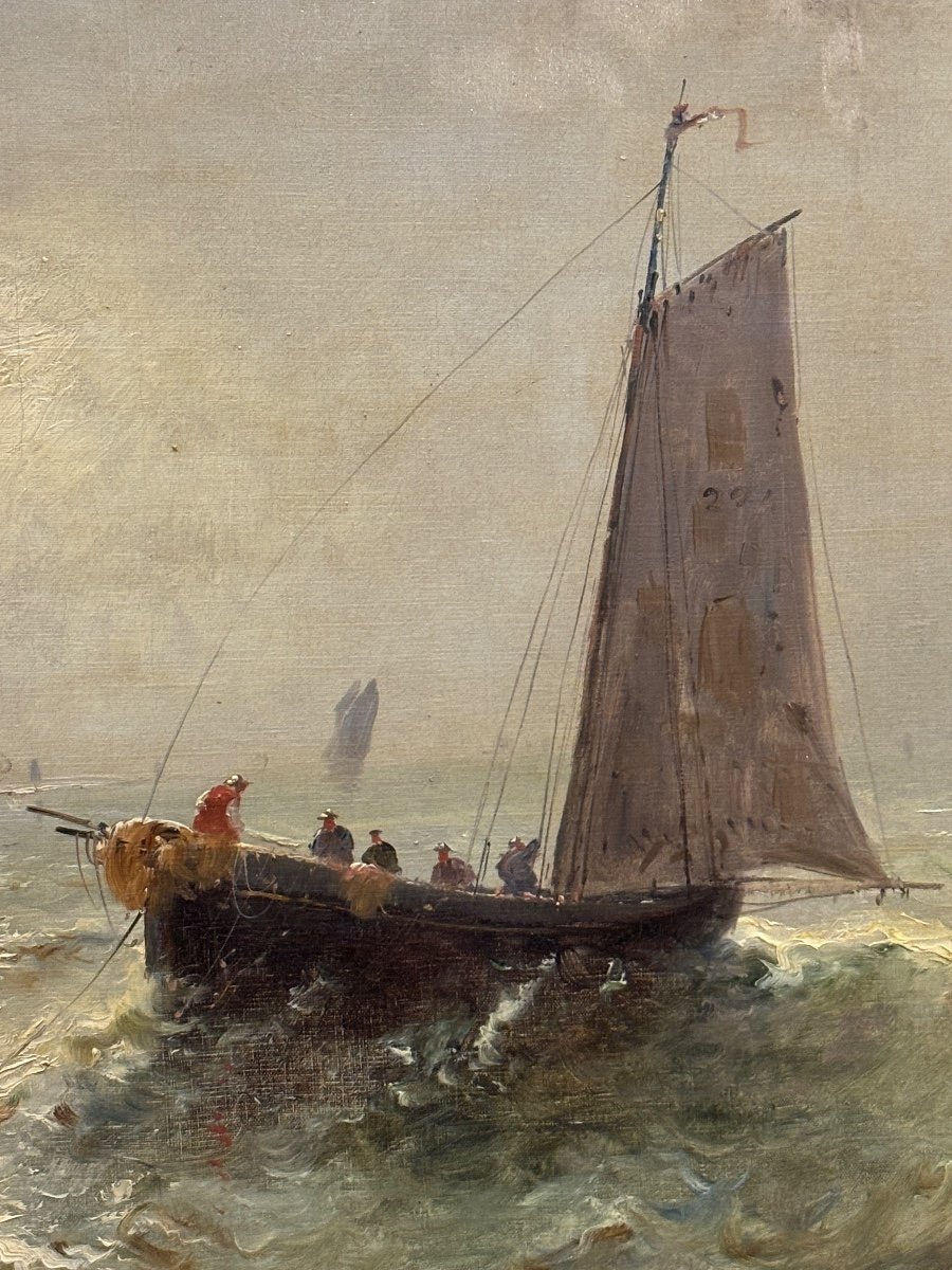 Ancien  grand Tableau  marine bateau de peche au large par Théodore levigne lyon -photo-2