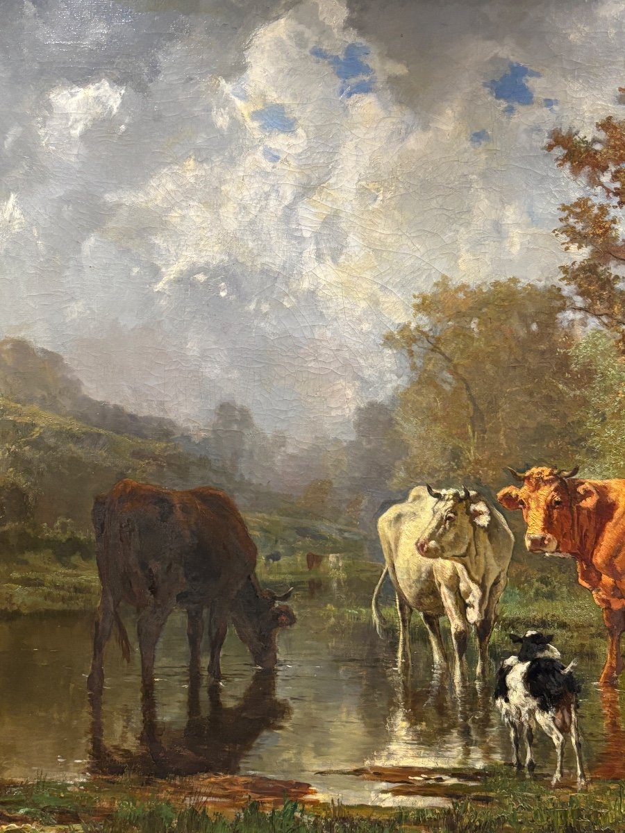 Old Very Large Oil Painting On Canvas Th Levigne Herd Cows And Shepherd At The Pond -photo-3