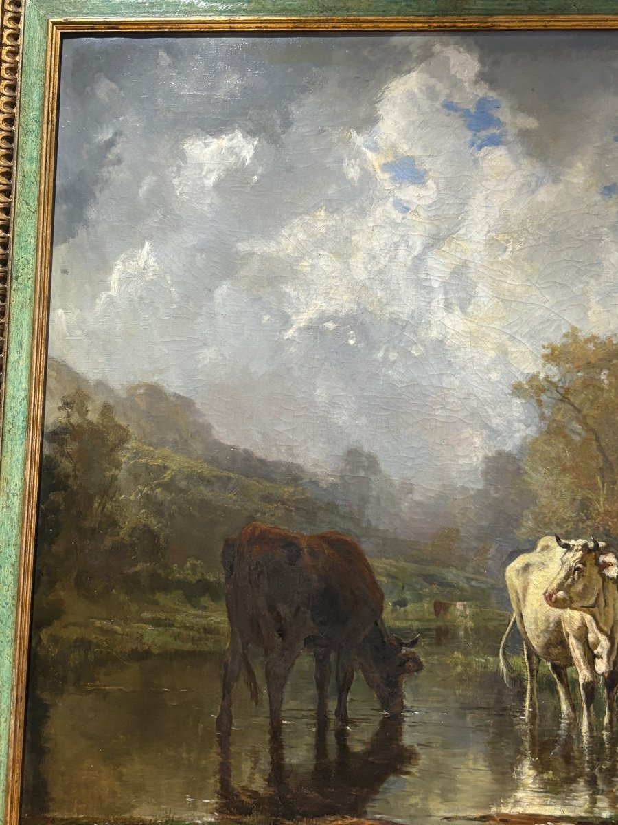 Old Very Large Oil Painting On Canvas Th Levigne Herd Cows And Shepherd At The Pond -photo-4