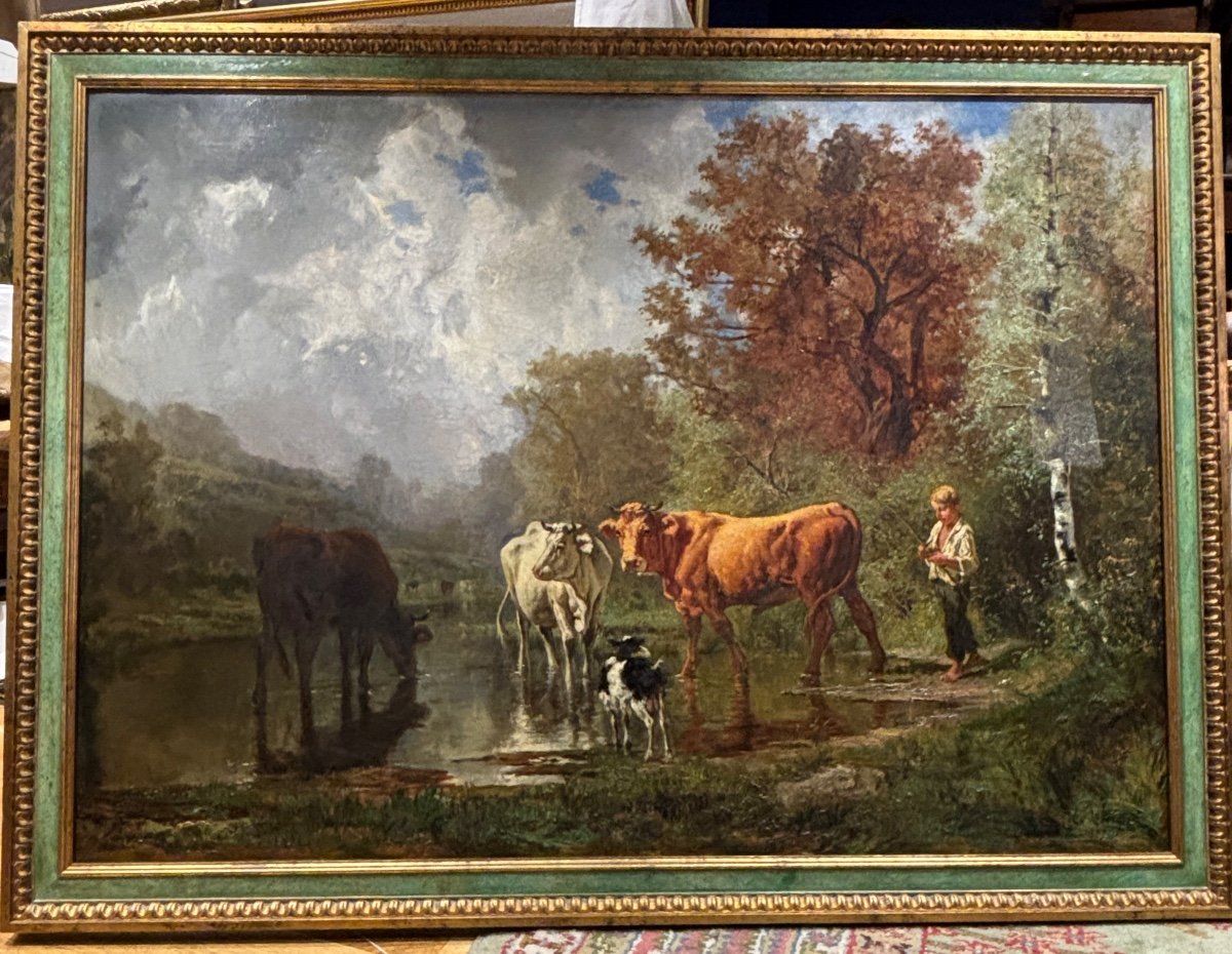 Old Very Large Oil Painting On Canvas Th Levigne Herd Cows And Shepherd At The Pond 