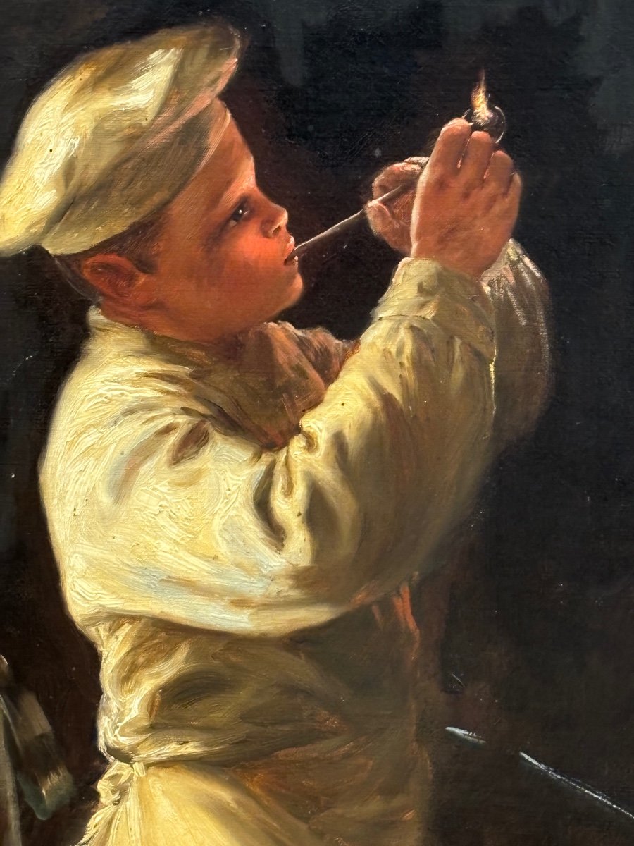 Ancien Tableau Huile Sur Toile Le Marmiton Petit Cuisinier Fumant La Pipe Restaurant Fin XIXe -photo-2