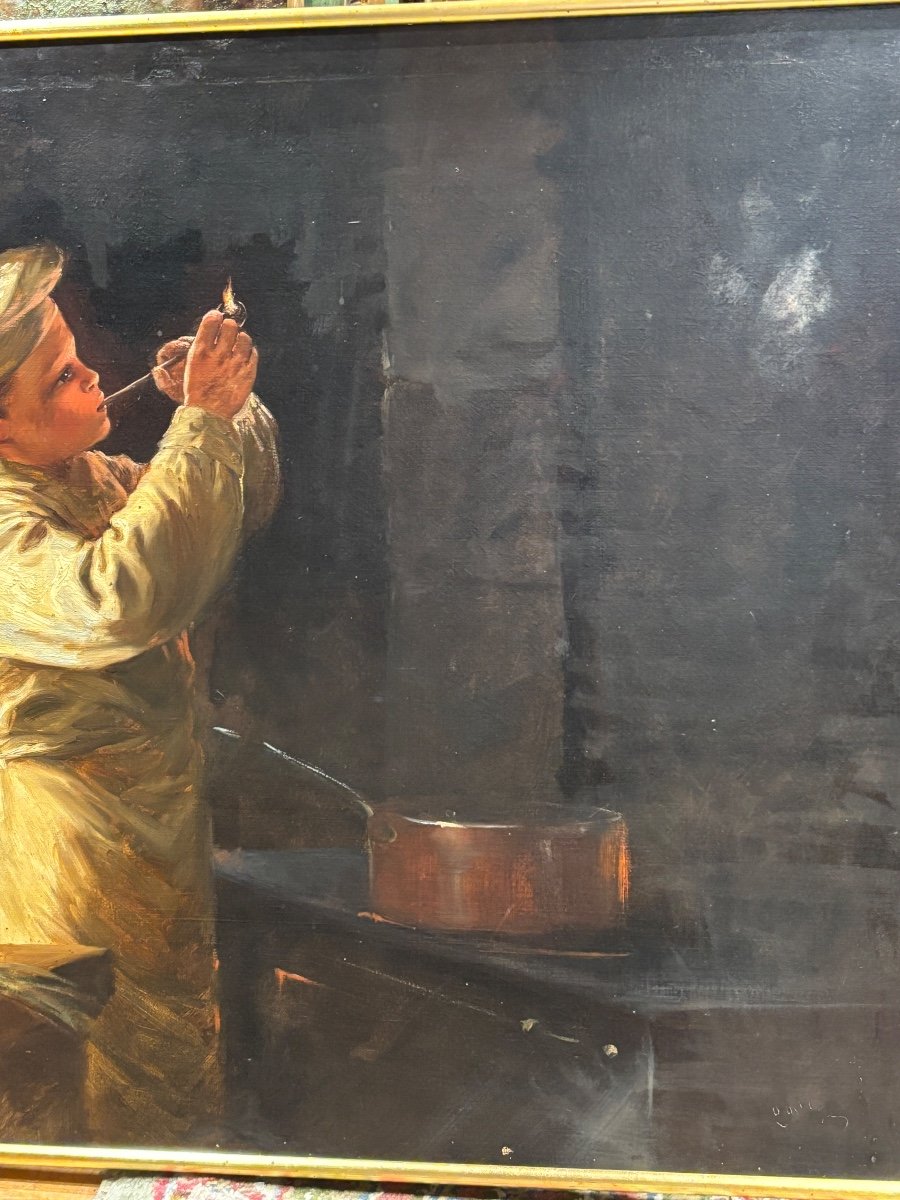 Ancien Tableau Huile Sur Toile Le Marmiton Petit Cuisinier Fumant La Pipe Restaurant Fin XIXe -photo-2