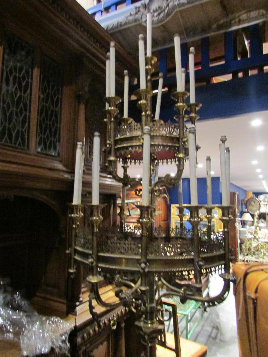 Impressionnant Chandelier d' Eglise Epoque XIXeme Laiton Gothique Gothic Candlestick 240 Cm !!!-photo-2